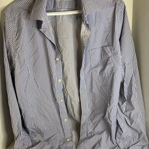 UNTUCKit Blue and White Vertical Stripe Dress Shirt